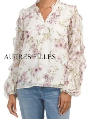 Autres Filles Jacquard Floral Ruffle Sleeve Blouse, Medium